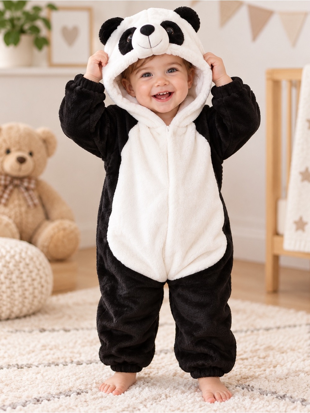NWT Baby Panda Plush Hooded Costume Size 90 Black White Cozy Animal Jumpsuit